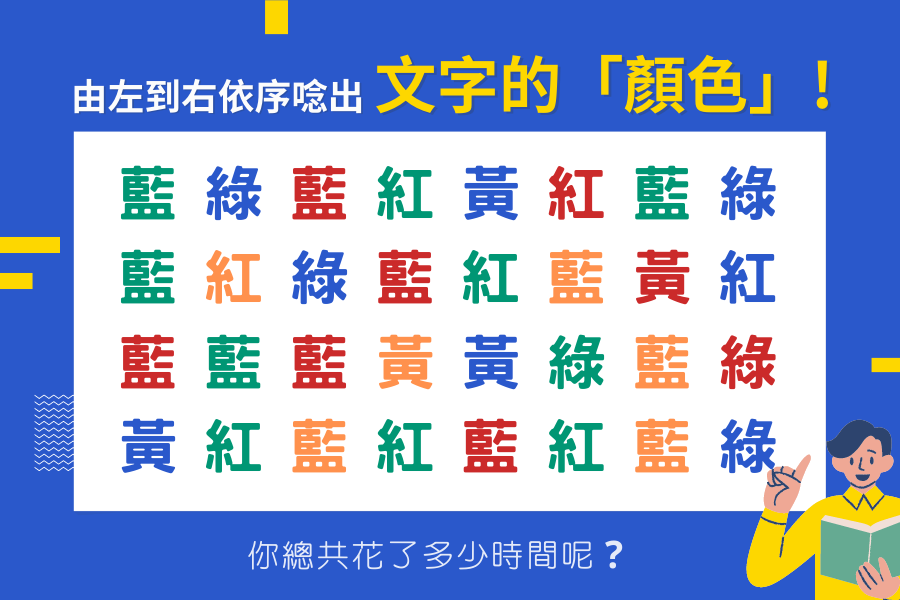 一個小測驗，由左到右依序唸出文字的顏色，以測試腦年齡